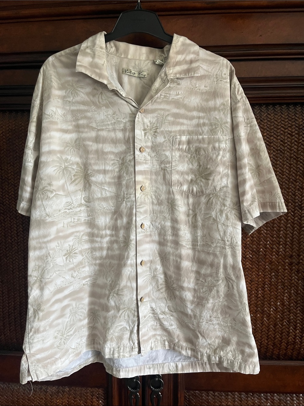 Light Beige Tropical-Print Short-Sleeve Button-Down Shirt
